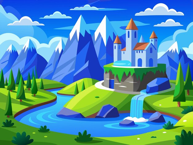 a digital illustration of a castle and a river with a waterfall and a river