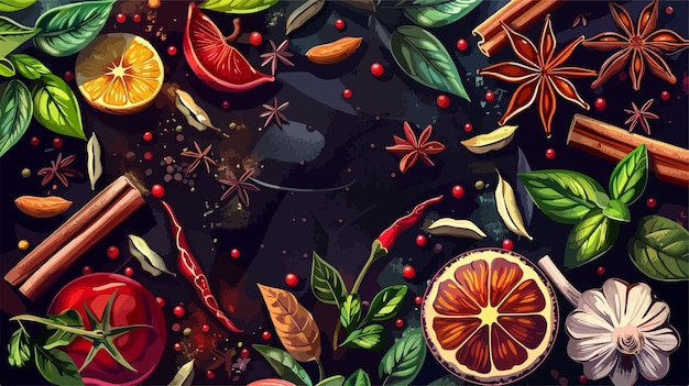 a digital illustration of a colorful background with fruits and berries