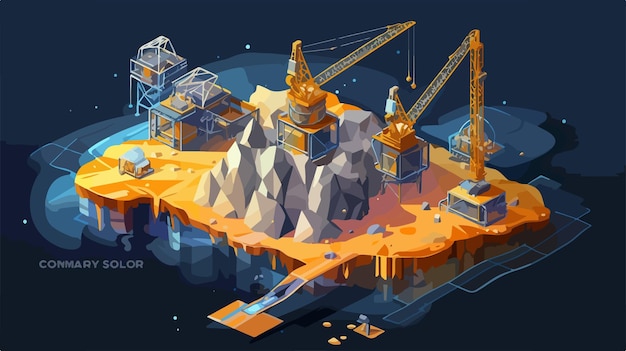 a digital illustration of a construction site with a yellow crane in the background