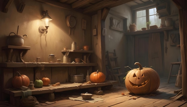 Vector a digital illustration of a cozy rustic room with a carved pumpkin pumpkins and other rustic items