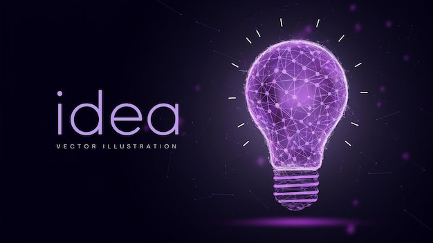 Vector digital illustration featuring a glowing light bulb composed of interconnected purple lines and dots