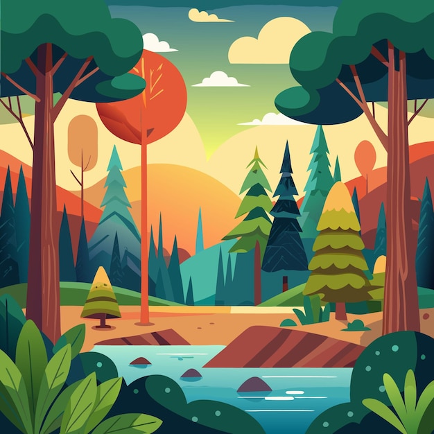 Vector a digital illustration of a forest landscape with trees and a river