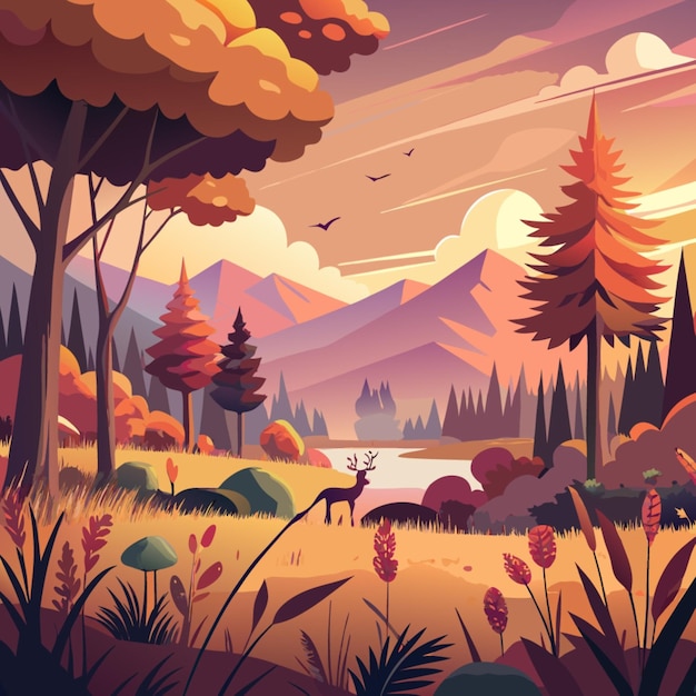 a digital illustration of a forest with mountains and trees