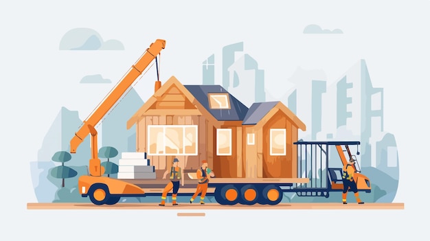 Vector a digital illustration of a house being loaded with a crane