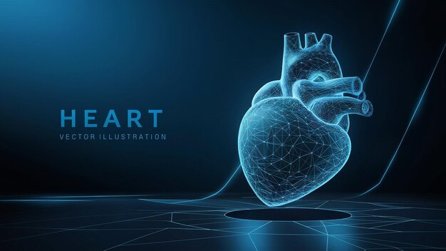 Vector digital illustration of a human heart rendered in a futuristic wireframe style