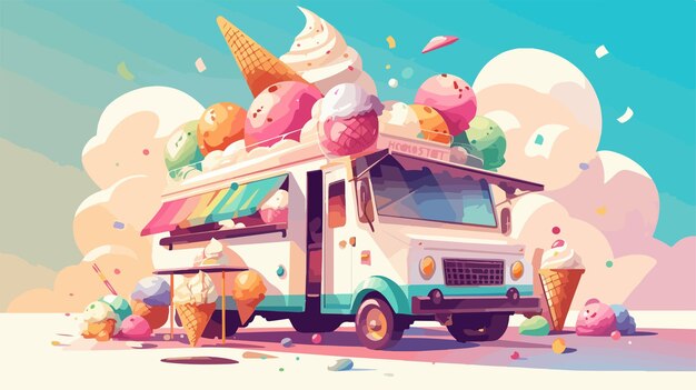 Vector a digital illustration of an ice cream van with ice cream cones on the top