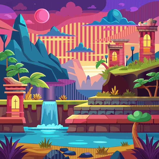 a digital illustration of a landscape with a fountain and a waterfall