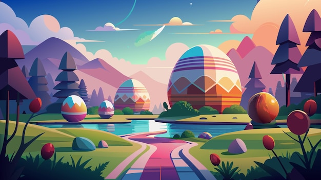 Vector a digital illustration of a landscape with a pond and mountains