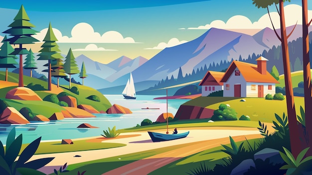 a digital illustration of a landscape with a sailboat and mountains