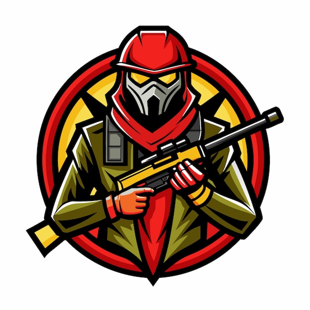 A digital illustration of a masked soldier holding a rifle standing within a red and yellow circle The soldier wears a red helmet and scarf and a dark mask