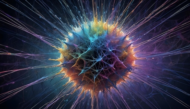 A digital illustration of a multicolored sphere with spiky threadlike strands emanating from its surface The sphere appears to be glowing from within