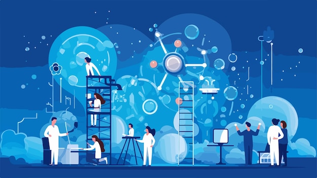 Vector a digital illustration of people working in a room with a blue background with a blue planet