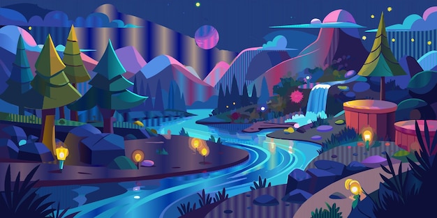 a digital illustration of a river with mountains and trees