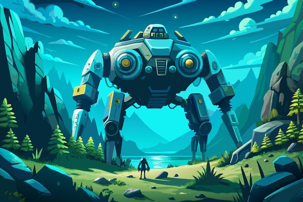 a digital illustration of a robot with a river in the background