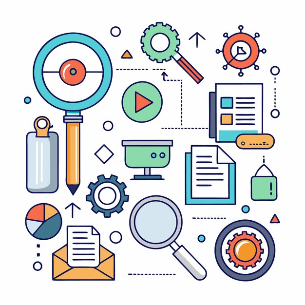 Vector a digital illustration of various search engine optimization icons such as a magnifier gears and a computer monitor