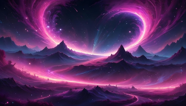 Vector digital illustration of a vibrant and colorful night landscape with a glowing pink aura and a winding river in a mountainous region