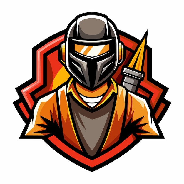 A digital illustration of a video game character wearing a futuristic helmet and holding a weapon The character is wearing an orange and black suit