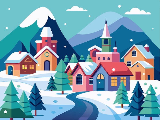 a digital illustration of a village with a snowy mountain in the background