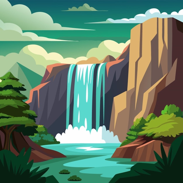 a digital illustration of a waterfall with trees and mountains in the background