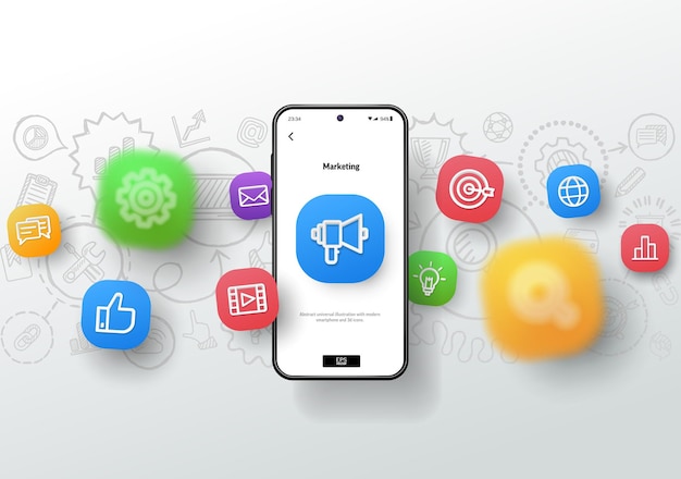 Digital market social media online business concept 3d icon fly over smartphone on sketch background