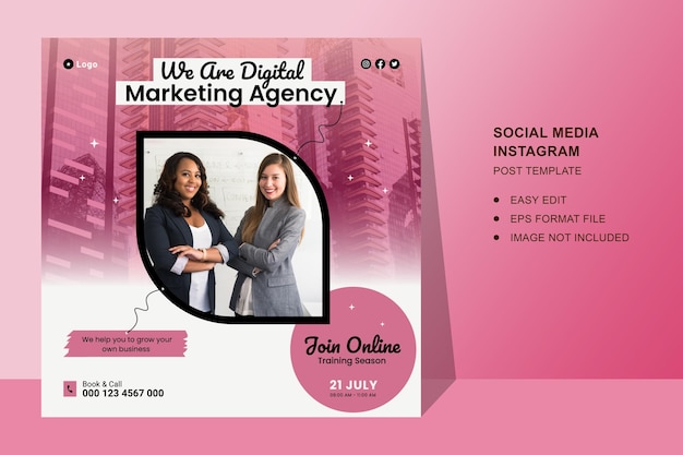 Digital marketing agency online class and corporate social media post or flyer square template