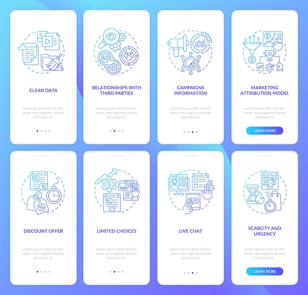 Digital marketing blue gradient onboarding mobile app screen set Ad walkthrough 4 steps graphic instructions pages with linear concepts UI UX GUI template Myriad ProBold Regular fonts used