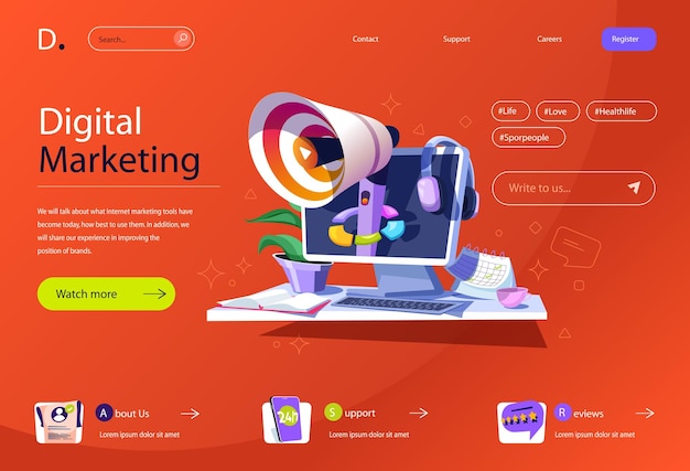 Digital marketing concept in flat cartoon design for homepage layout Online promotion and advertising in social networks and brand development Vector illustration for landing page and web banner