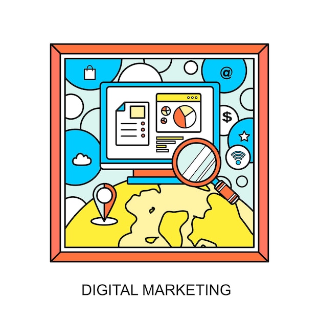 digital marketing concept: magnifying glass and internet elements in line style