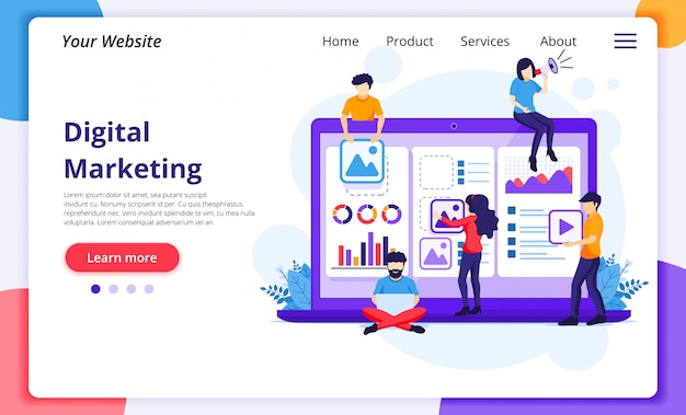 Digital Marketing concept, people are putting content on-screen to promote products online. website landing page template