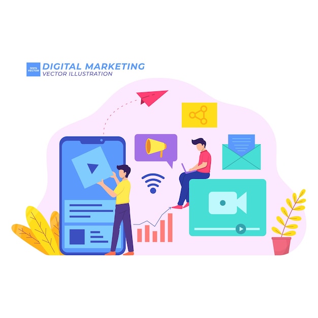 Digital marketing flat illustration media strategy netwrok social web management promotion