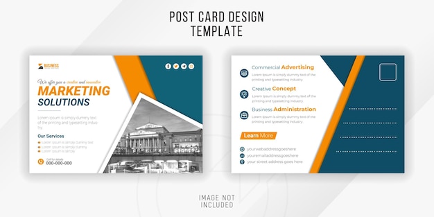 Digital marketing and innovation solutions postcard design with green geometric shapes