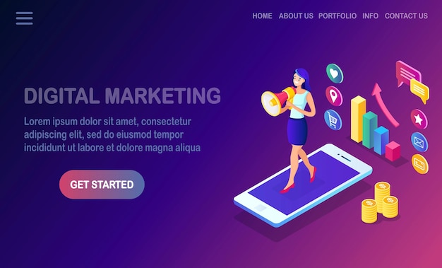 Digital marketing. Isometric woman with megaphone, loudspeaker, bullhorn, mobile phone, smartphone with money, graph.