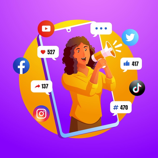 digital marketing social media concept with woman screaming with megaphone and social media logo