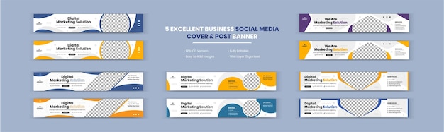 Digital Marketing Solution and Agency Corporate Business banner LinkedIn cover design set.