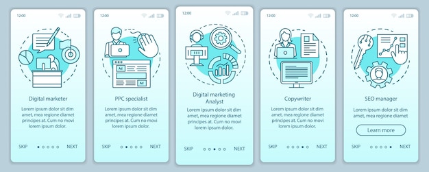 Digital marketing specialties turquoise onboarding mobile app page screen with linear concepts. SEO manager walkthrough steps graphic instructions. UX, UI, GUI vector template with illustrations