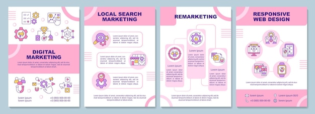 Digital marketing tactics pink brochure template. Promo tools. Booklet print design with linear icons. Vector layouts for presentation, annual reports, ads. Arial-Black, Myriad Pro-Regular fonts used