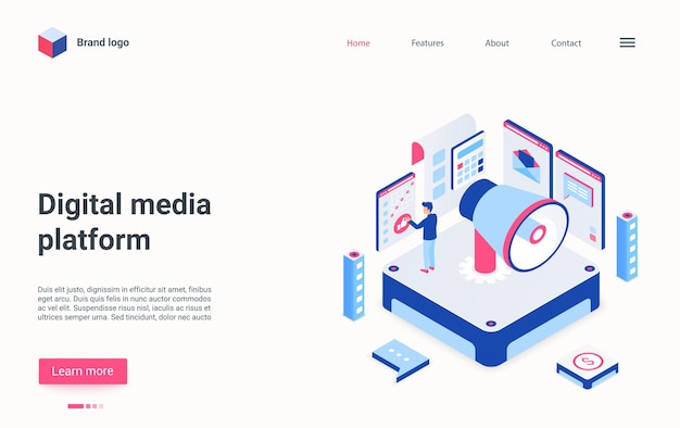 Digital media platform isometric illustration on landing page