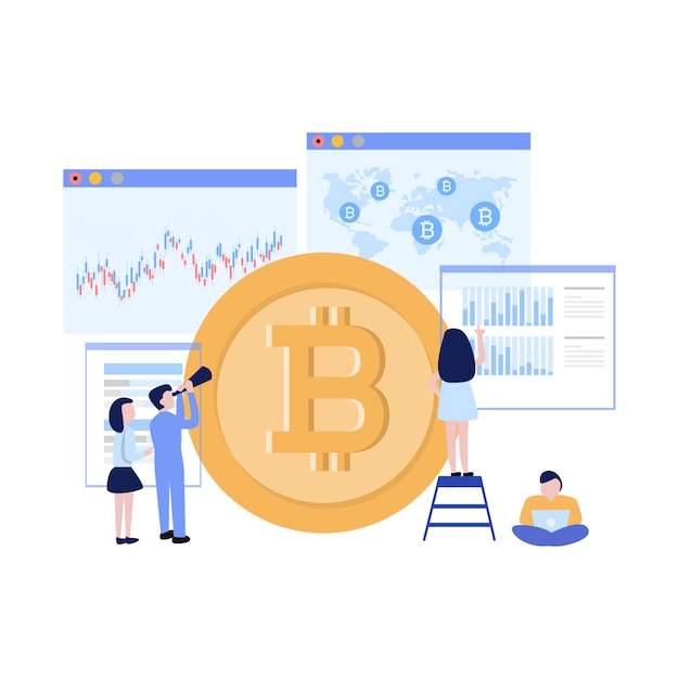 Digital money concept business people and bitcoin future graph trend vector illustration flat design