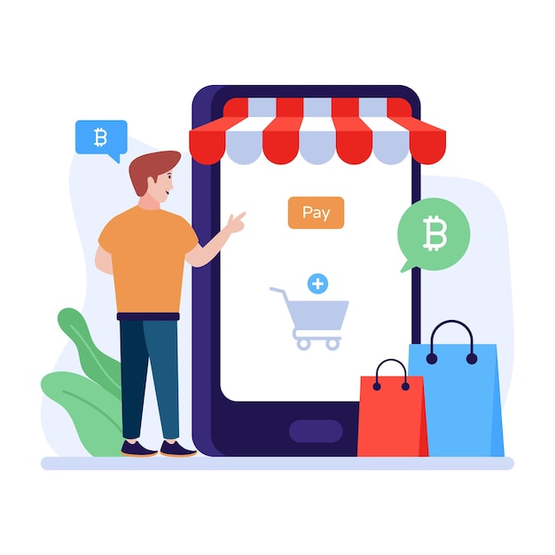 Digital money trendy flat illustration of bitcoin shop