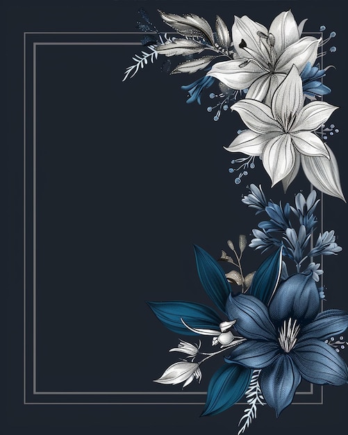 Digital Page Border with White Blue Silver Flowers