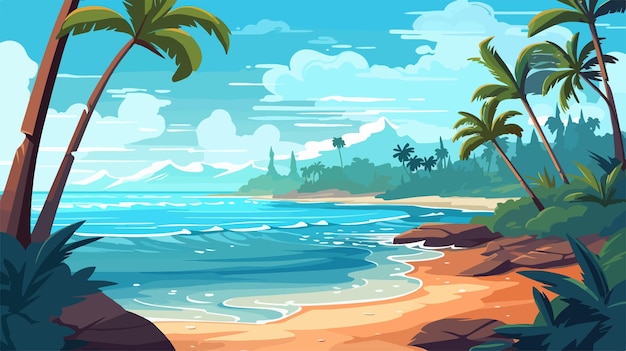 a digital painting of a beach scene with palm trees and ocean in the background