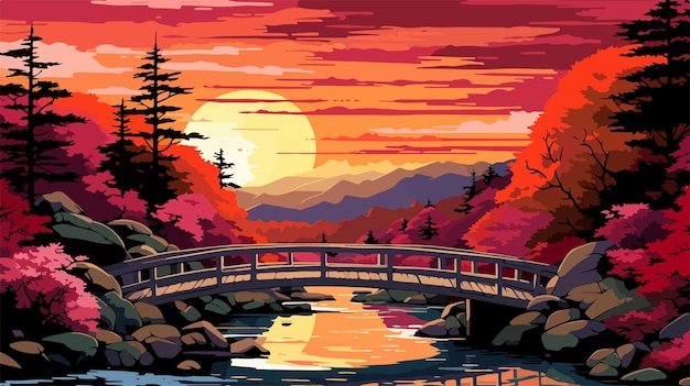 Vector a digital painting of a bridge with a sunset in the background