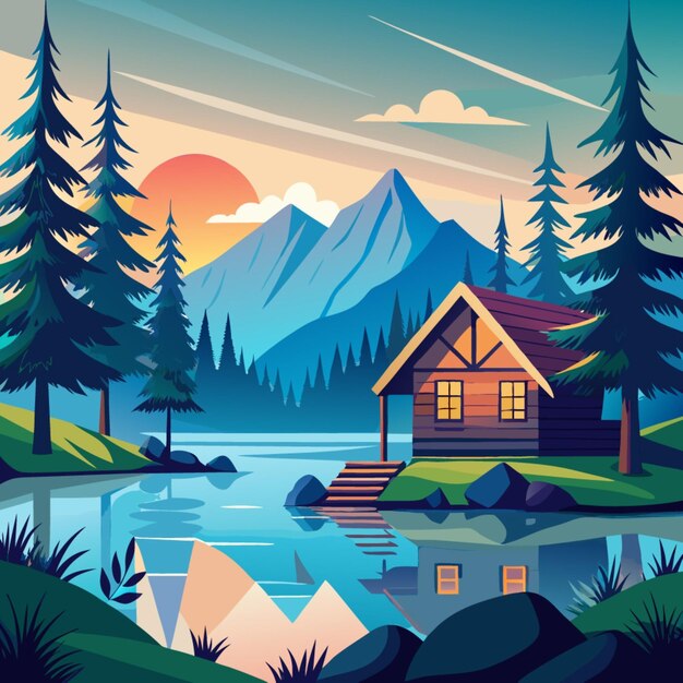 Vector a digital painting of a cabin by the lake with mountains in the background