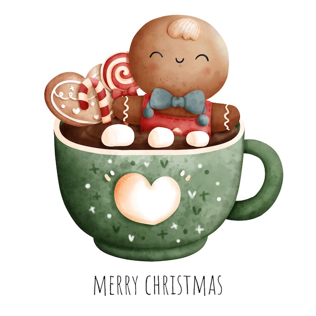 Digital painting Christmas gingerbread in Christmas mug isolated on white background