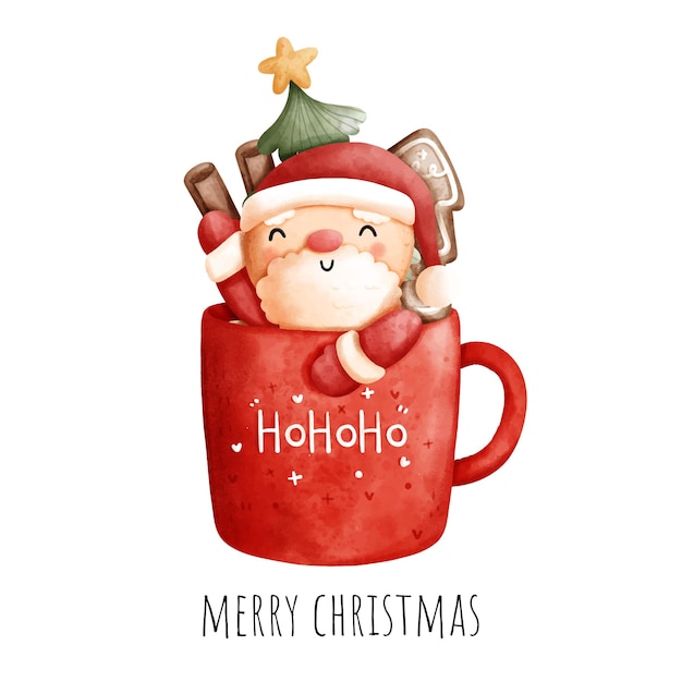 Digital painting Christmas santa in Christmas mug isolated on white background