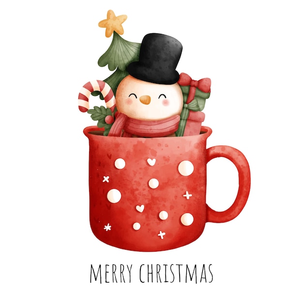 Digital painting Christmas snowman in Christmas mug isolated on white background