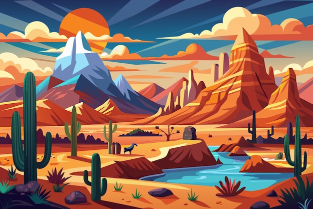 a digital painting of a desert landscape with mountains and a river