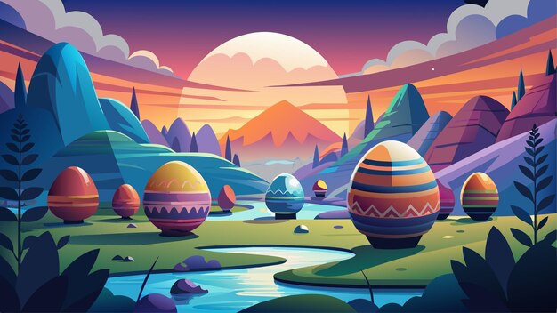 Vector a digital painting of easter eggs in a landscape