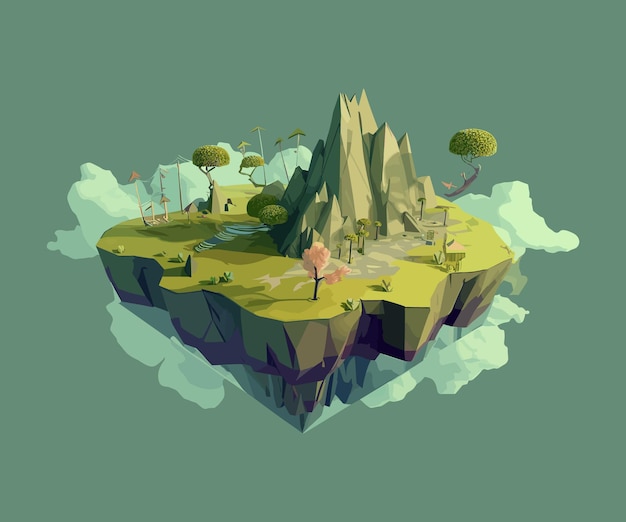 A digital painting of a floating island with mountains and trees.