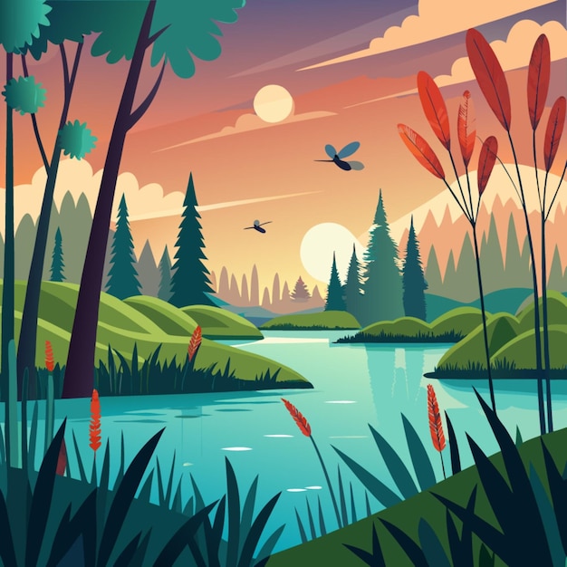 a digital painting of a forest with a lake and trees with a full moon in the background